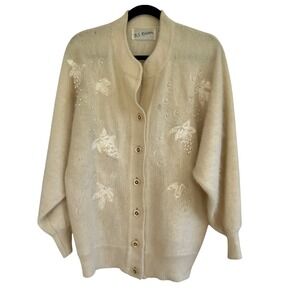 VTG B.J. Kristen Angora Blend Beaded‎ Embellished Cardigan Sweater Cream READ